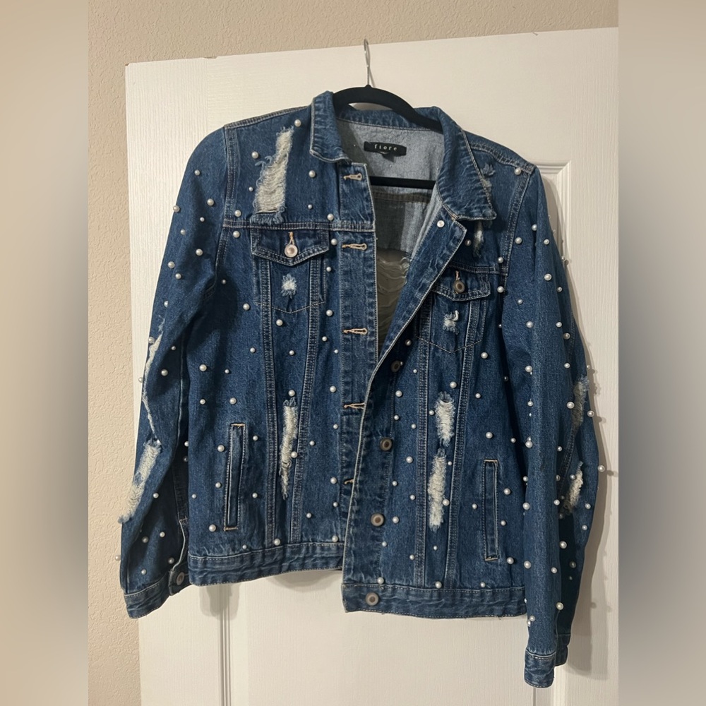 Distressed Jean Jacket with Pearl Accents
